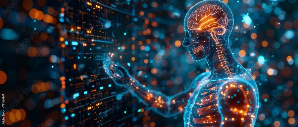Poster businessman uses technology smart robot ai, artificial intelligence to enter command prompt for answ