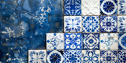 Mosaic tile patterns with Mediterranean blues and whites, fresh and classic, for bathroom decor or coastal resorts 