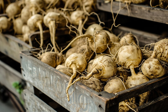 Freshly harvested maca roots piled on rustic wooden crates, raw organic superfoods earthy texture.