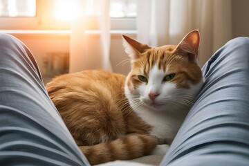 Cozy ginger and white cat naps peacefully between legs in softly lit room Serene moment captured