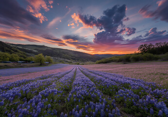 Parallel rows of lavender lupine flowers lead into a horizon lit by a sublime sunset, casting soft hues over a tranquil pastoral scene. - obrazy, fototapety, plakaty