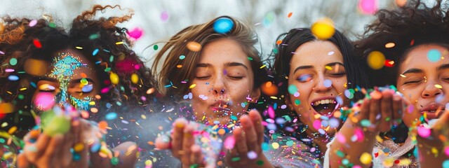 Five diverse women blowing confetti outdoors in the daytime