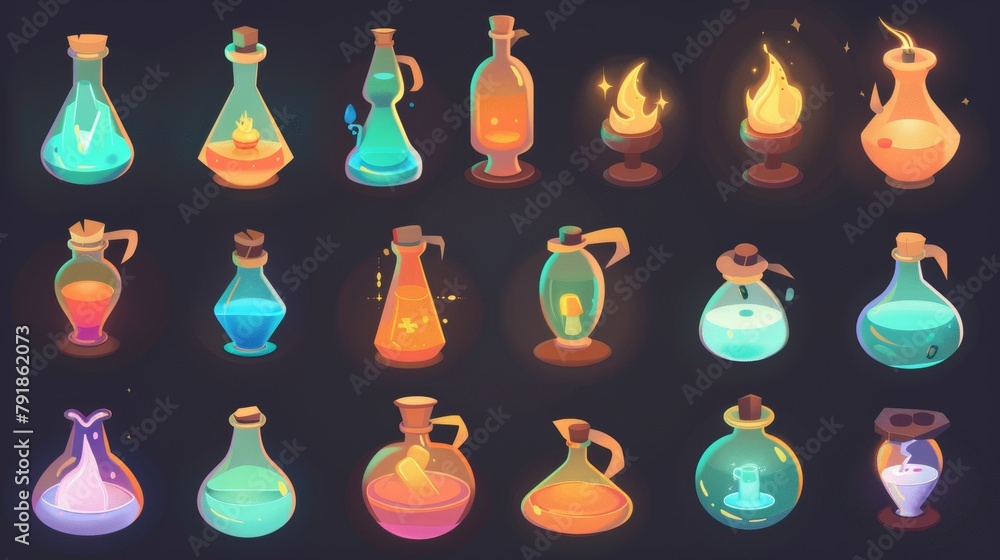 Poster icons of laboratory potion bottles, isolated ui set of chemical witch flask explosions, and toxic ja