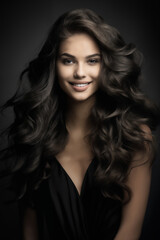 Fototapeta premium portrait of a young beautiful woman with long curly hair, close-up face, on a dark background, studio beauty photo, style and fashion