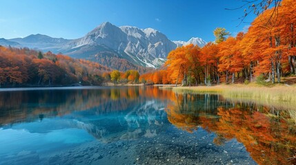 Fototapeta premium Transient Beauty: Autumn Foliage and Blue Lake, generative ai