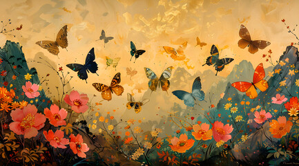 Obraz na płótnie Canvas Sky Gallery: Butterflies Soar with Japanese Woodblock Prints in Sunset Dance
