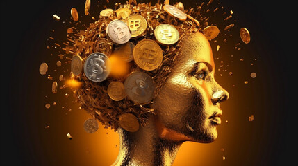 golden head of a woman with digital cryptocurrency
