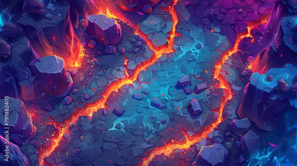 Poster map of volcanic road in mobile game level. gui volcanic eruption with lava path pattern. magma and s