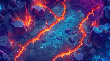 Foto auf Alu-Dibond Map of volcanic road in mobile game level. Gui volcanic eruption with lava path pattern. Magma and stone terrain interface illustration asset. Dangerous journey in the world. © Mark