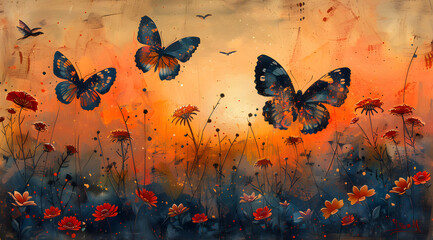 Evening Elegance: Butterfly Flight Adorned with Japanese Woodblock Masterpieces