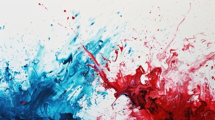 Abstract red and blue paint splashes on a white canvas