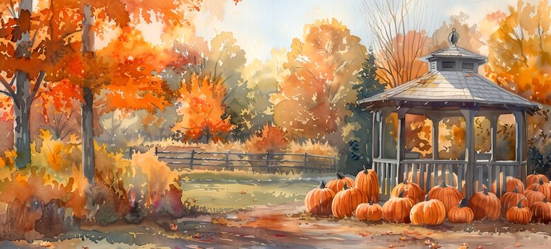 Autumn pumpkins watercolor, fall background