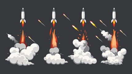 Rockets flying with steam trails, isolated in black background. Cartoon illustration of missile or bomb attack with fire and clouds of grey steam.