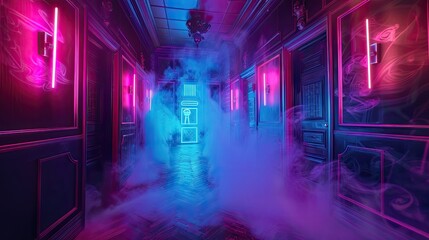 Eerie neon-lit haunted house attraction - obrazy, fototapety, plakaty