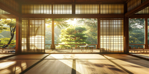 Traditional Japanese tea room with tatami mats and shoji screens, serene and cultured, for tea or relaxation products  - obrazy, fototapety, plakaty