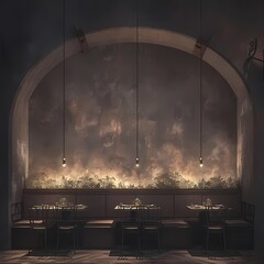 Cozy Vintage Bar Setting with Intricate Ceiling and Soft Glowing Lights