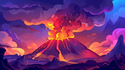 Volcano lava eruption modern cartoon background. Prehistoric volcanic mountain landscape with smoke clouds and magma. Wild apocalypse environment with vulcano eruption in Jurassic age.