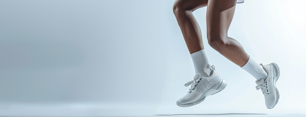 Poised in mid-leap, the image captures athletic legs wearing white running shoes and socks against...