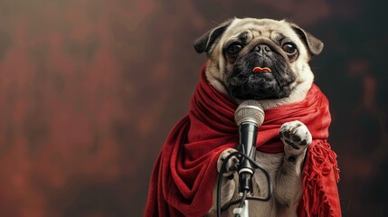 Pug in an opera singers costume with a dramatic scarf and microphone - obrazy, fototapety, plakaty