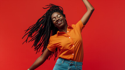 A joyful individual dances against a vibrant red background, her dreadlocks flying in motion, embodying freedom and elation in a casual denim and bright orange shirt.