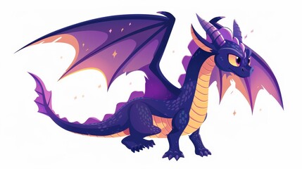 For a mythical fairy tale design, this fantasy dragon is flying on a white background. A cartoon medieval character with wings and claws.
