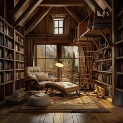 Warm and inviting library with a ladder and a comfortable reading chair