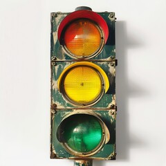 Traffic light with three lamps in green, yellow and red, white background, concept: politics germany, spd, fdp, green party, Ampel Koalition