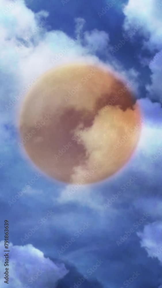 Wall mural vertical full harvest orange moon clouds 4k loop features an orange full moon in the sky with clouds