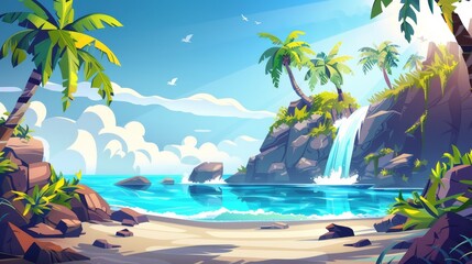 An illustration of a tropical seascape with sandy beach and palm trees. There is a waterfall on a rocky island, tropical green plants, waves washing the waters of the sunny coastline, and a summer