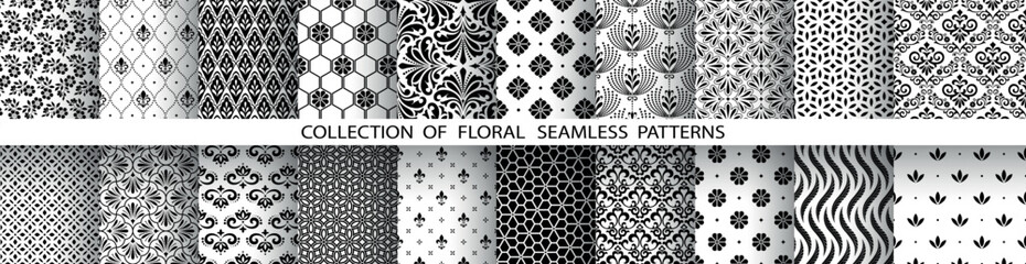 Geometric floral set of seamless patterns. White and black vector backgrounds. Damask graphic ornaments. - 791863671