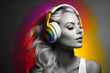 Monochrome image of a woman with colorful headphones, ideal for music studio promotions or audio equipment marketing