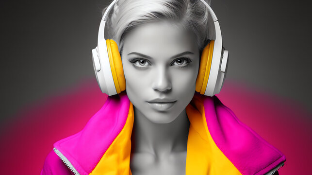 Classic photo of a woman in grayscale, her bright headphones adding a pop of color, suitable for modern online music platform ads or lifestyle blogging