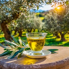 verre d'huile d'olive sur une table, dans un champs d'oliviers