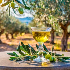 verre d'huile d'olive sur une table, dans un champs d'oliviers