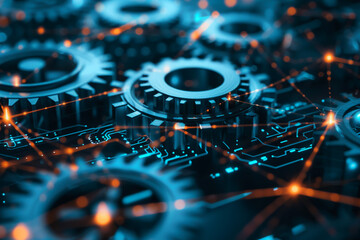 A close up of gears and wires with a blue and orange color scheme