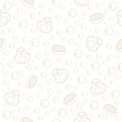 Seamless pattern with toy ducks, sponges and soap bubbles for paper textile print endless art creative minimalism - obrazy, fototapety, plakaty
