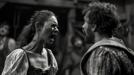 A woman is passionately expressing her emotions to a man in black and white