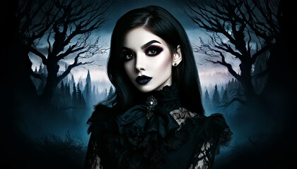 Close-up portrait of a woman with blue eyes and dark attire, embodying a gothic beauty amidst a haunting, ethereal blue landscape. World goth day.