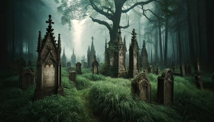 Mysterious Cemetery in Misty Woods.  World goth day. - obrazy, fototapety, plakaty