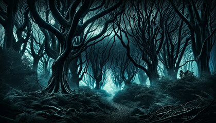 Haunting path winds through a mist forest of twisted trees. Ghotic forest.