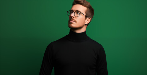 Fototapeta premium A thoughtful young man wearing glasses and a black turtleneck looks away against a green background, suggesting introspection and style.