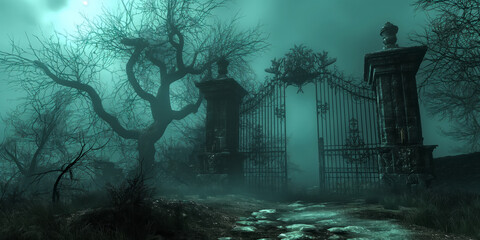 Old gothic gate amidst a mist-covered forest. World goth day. - 791864665