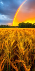 Full arch rainbow crowns a stunning golden wheat field, with a dramatic backdrop of fiery orange clouds at sunset