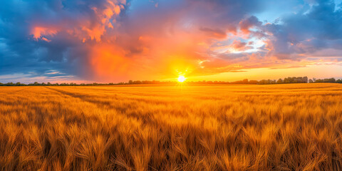Golden Sunset Over Wheat Field Panorama - 791864876