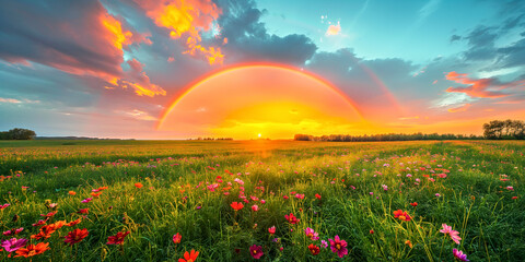 Sunset Rainbow Arc over Wildflower Meadow