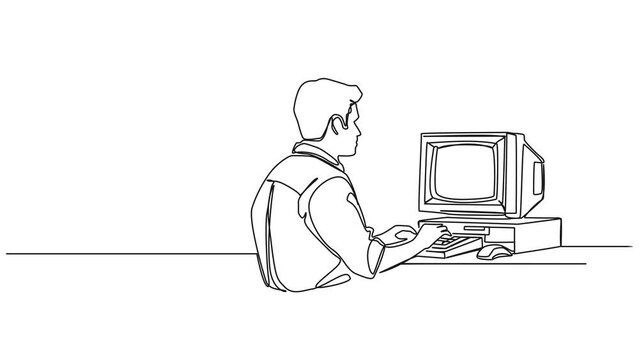 animated continuous single line drawing of man using old personal computer with crt monitor, line art animation
