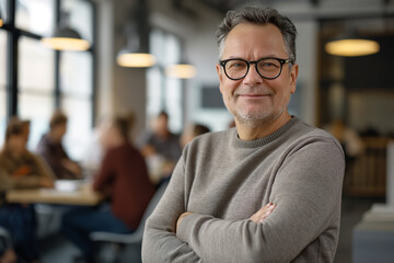 Obraz premium A mature, professional man in a sweater stands confidently with arms crossed in a bustling, contemporary office space.