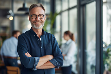 A confident middle-aged businessman with glasses and a warm smile stands arms crossed in a modern office setting, exuding experience and approachability.
