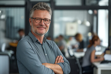 Fototapeta premium Smiling confidently, a mature businessman with glasses stands with crossed arms in a bustling office environment, embodying leadership and expertise.