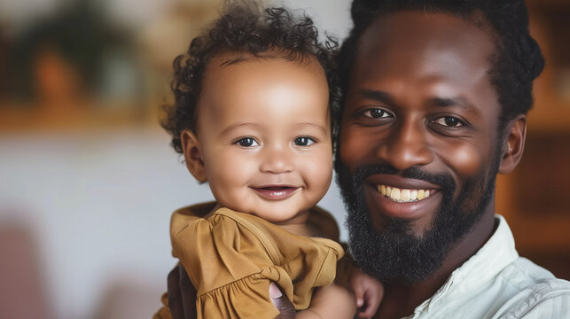 smiling african american father holding cute little daughter at home